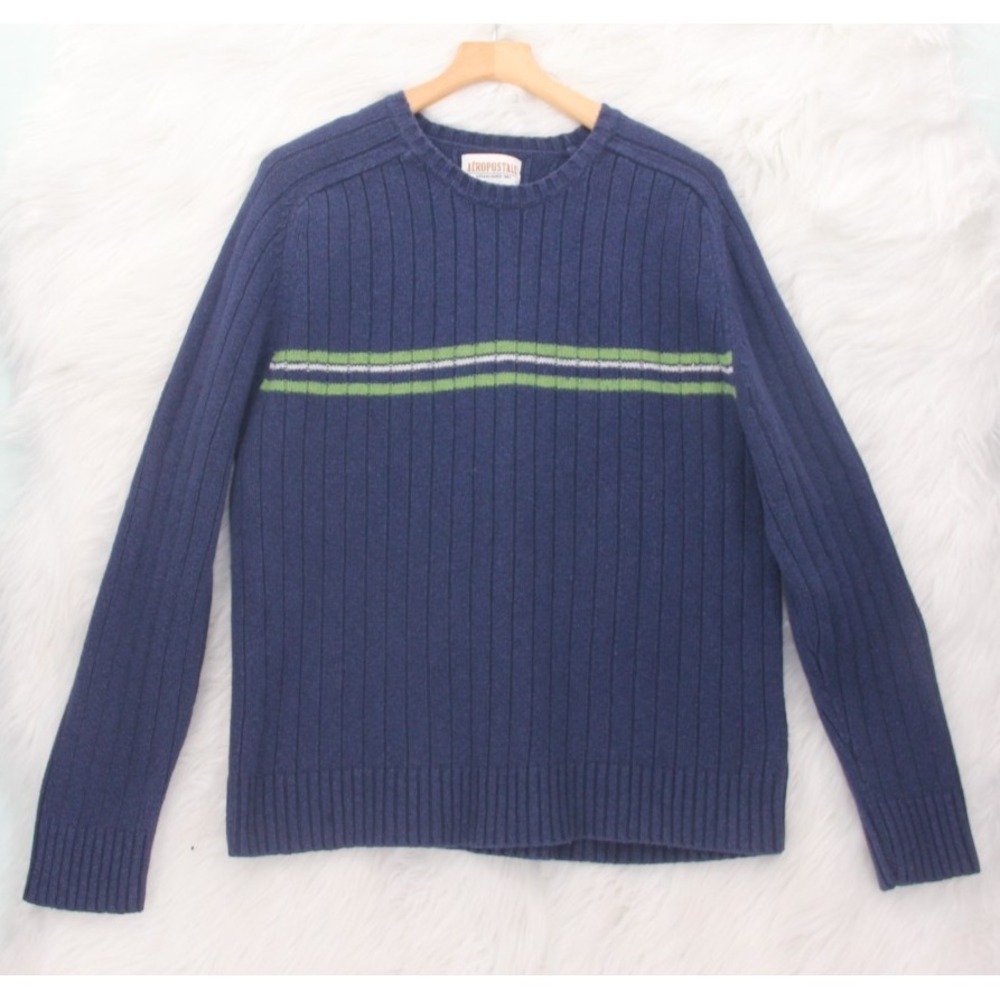 VTG Y2K Aeropostale Mens XL Sweater Pullover Blue Knit Striped Skater Preppy 642